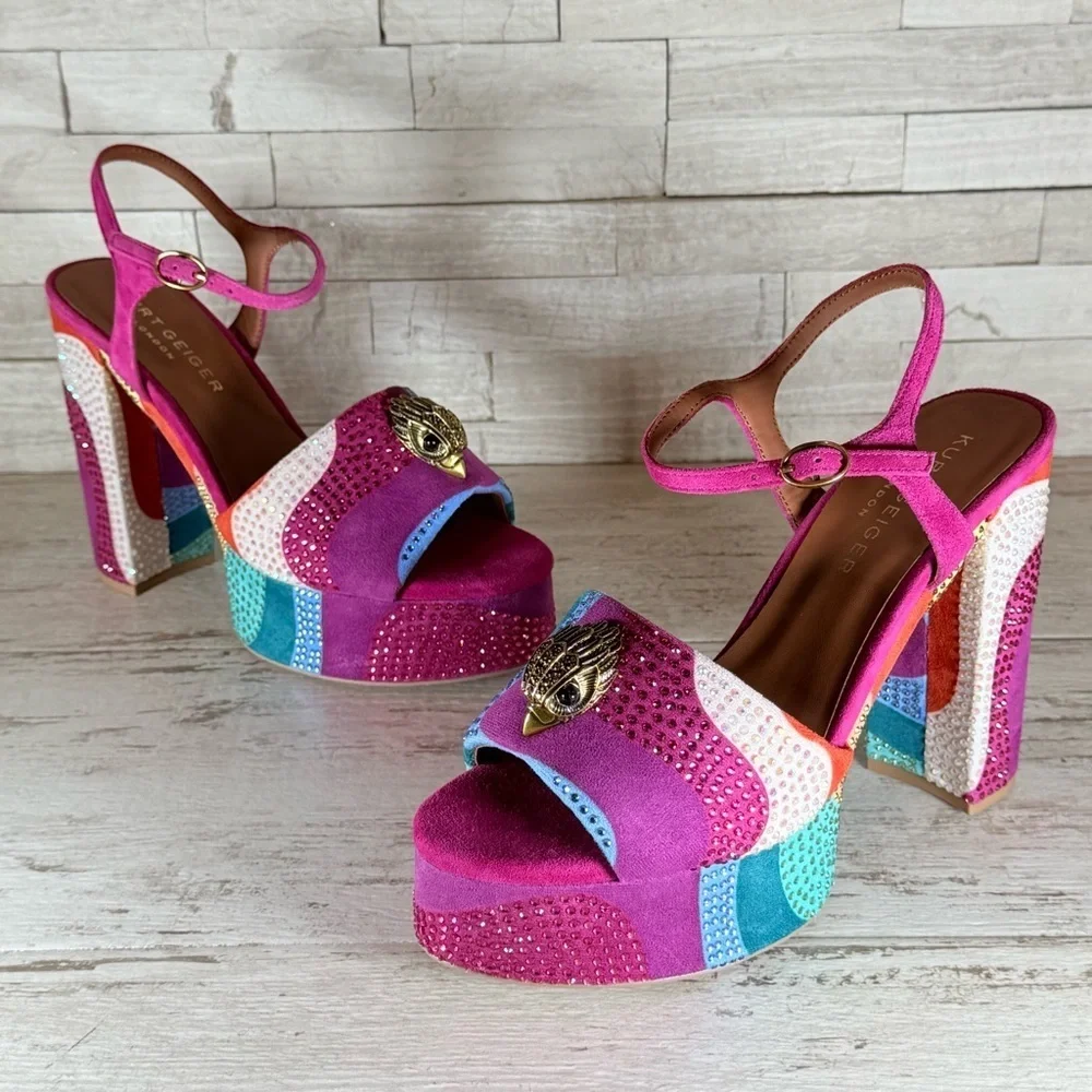 Kurt Geiger London Kensington Glitz Rainbow Rhinestone Platform Sandals SZ 40.5
